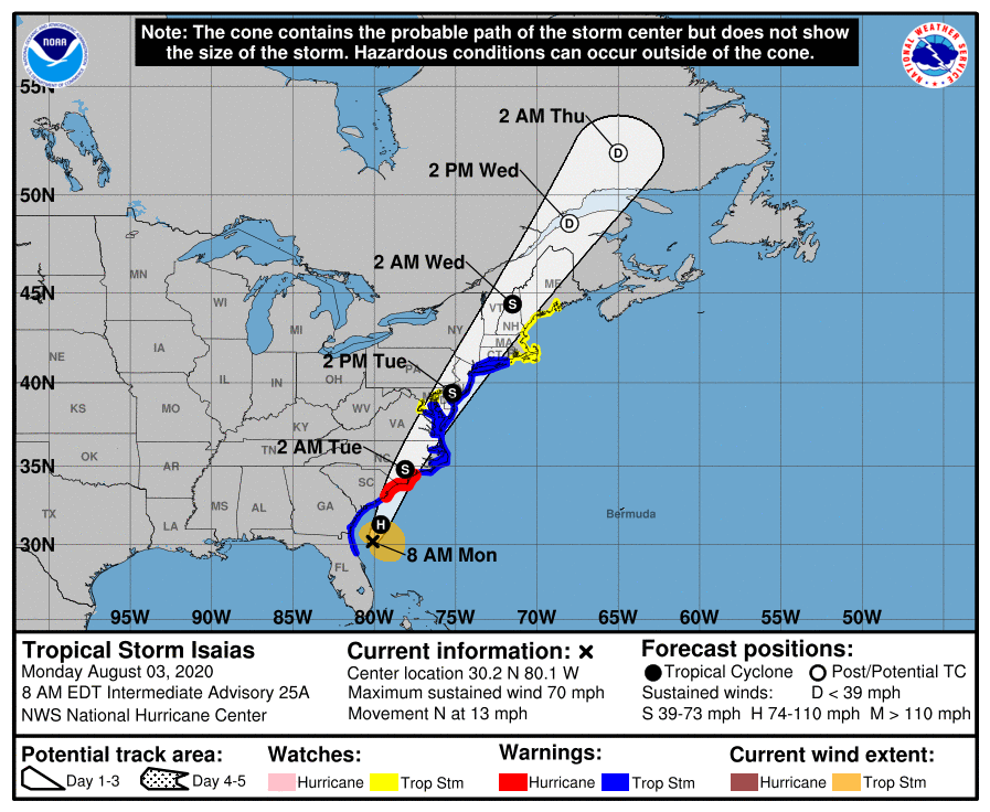 Tropical Storm Isaias Monday