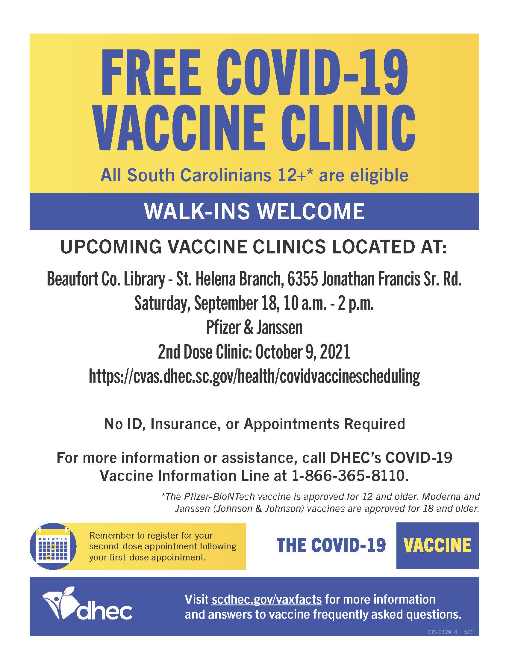 Free Covid-19 Vaccine Clinic  Saturday, September 18 at  St. Helena Branch Library