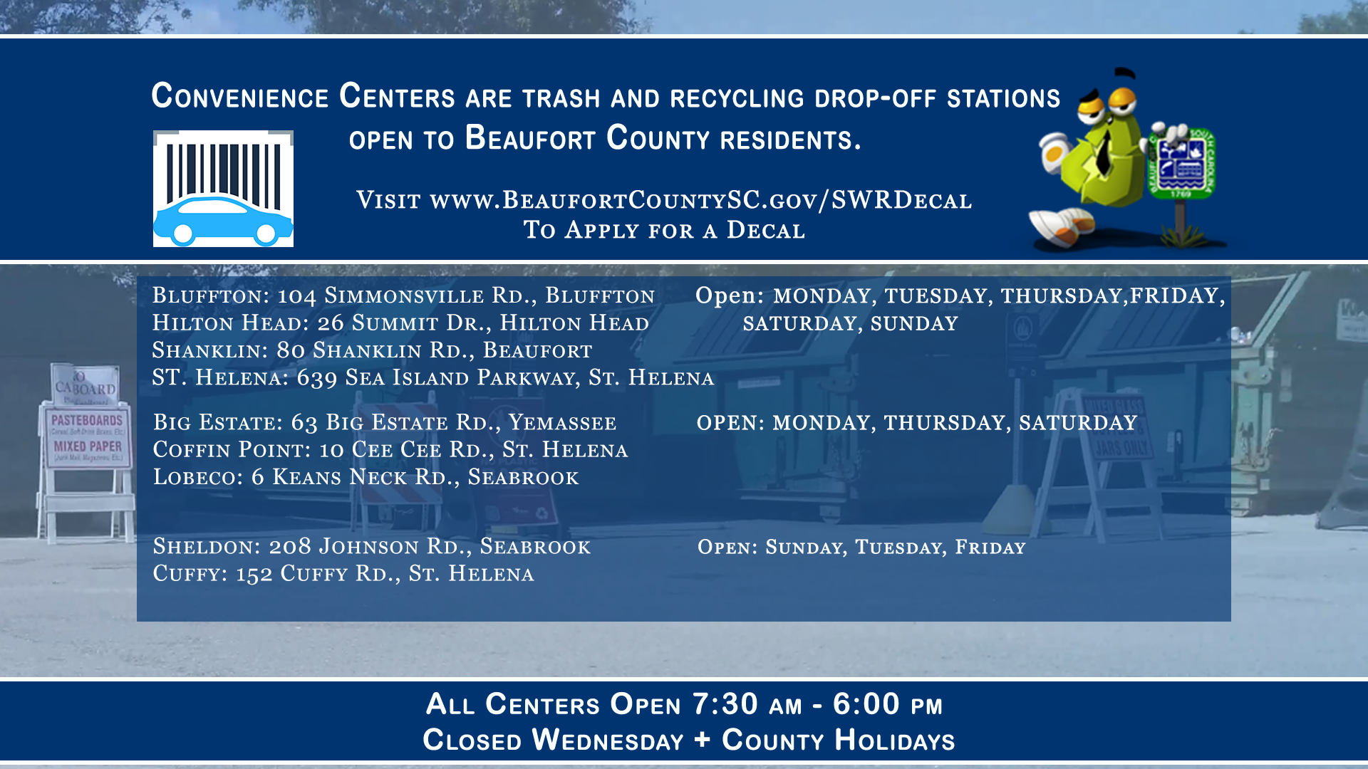 Beaufort County Convenience Center Decal Program Saves Residents $290,000; Full Implementation Begins Monday, November 1