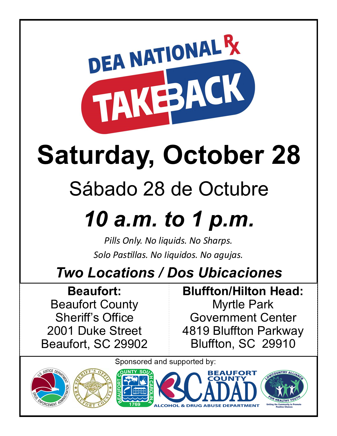 Beaufort County Offers Two Locations for Residents to Properly Dispose  of Prescription Drugs  Saturday, October 28