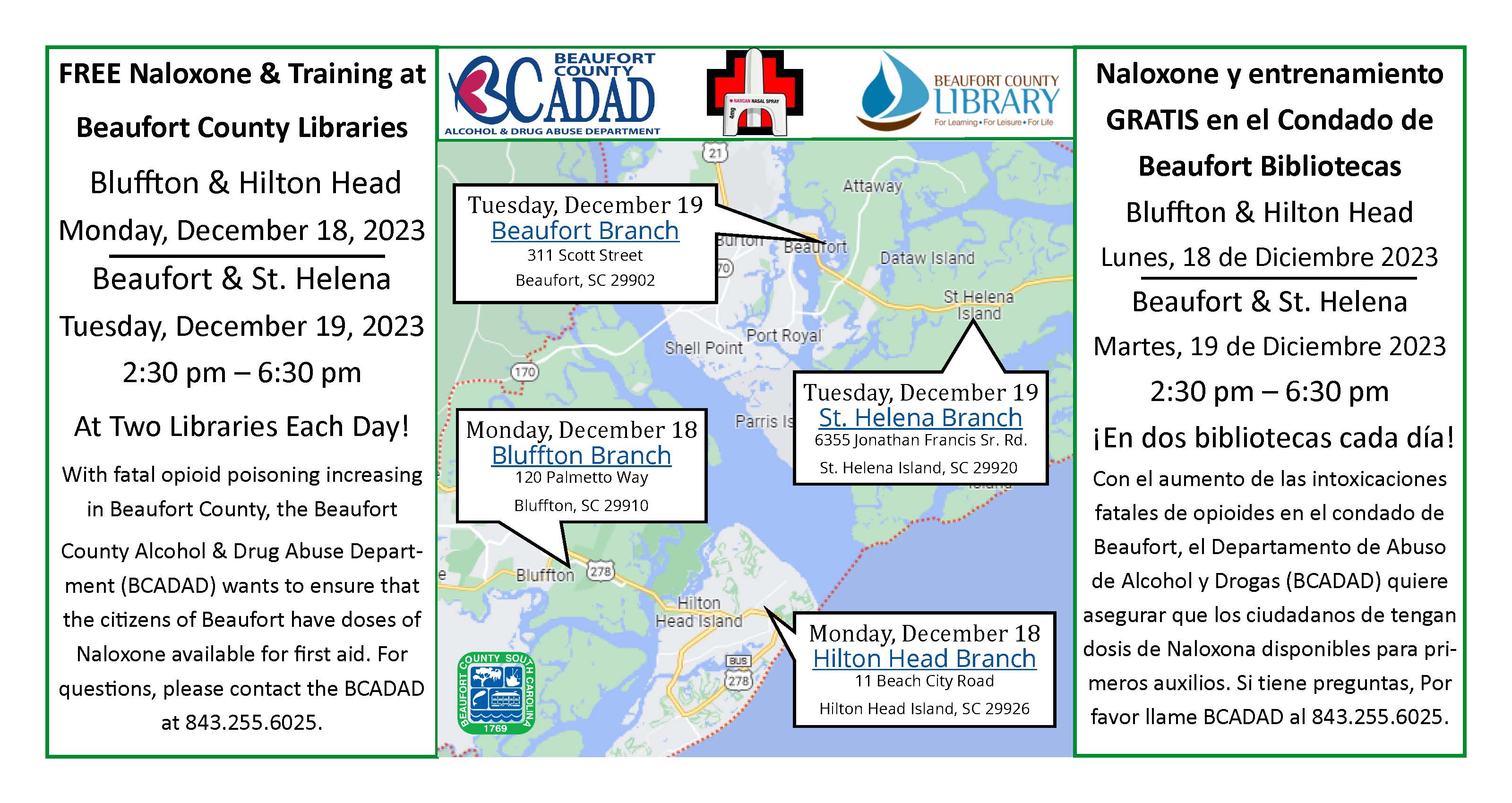 Free Narcan and Training  to be Held at Four Beaufort County Library Branches Before the Holidays