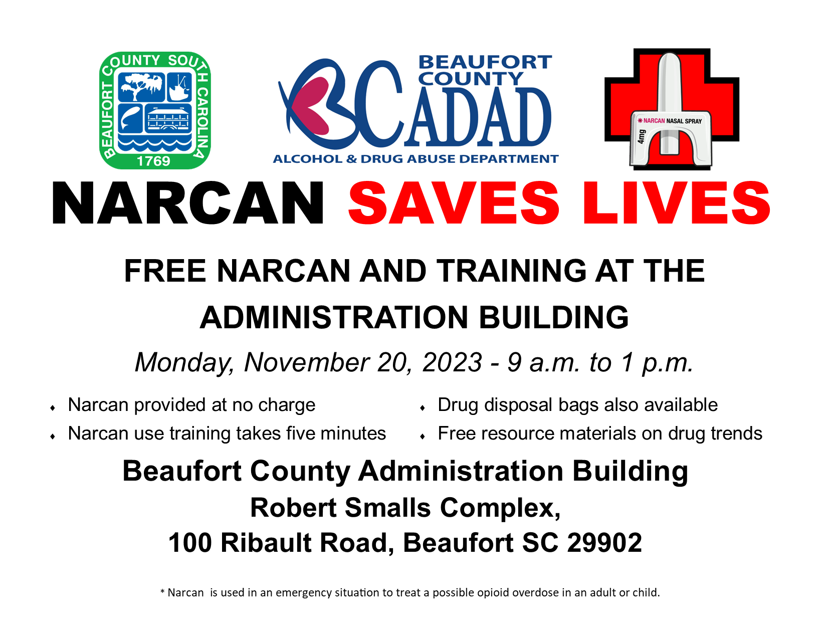 Free Narcan and Training to be Held at Beaufort County Administration Building, Monday, November 20