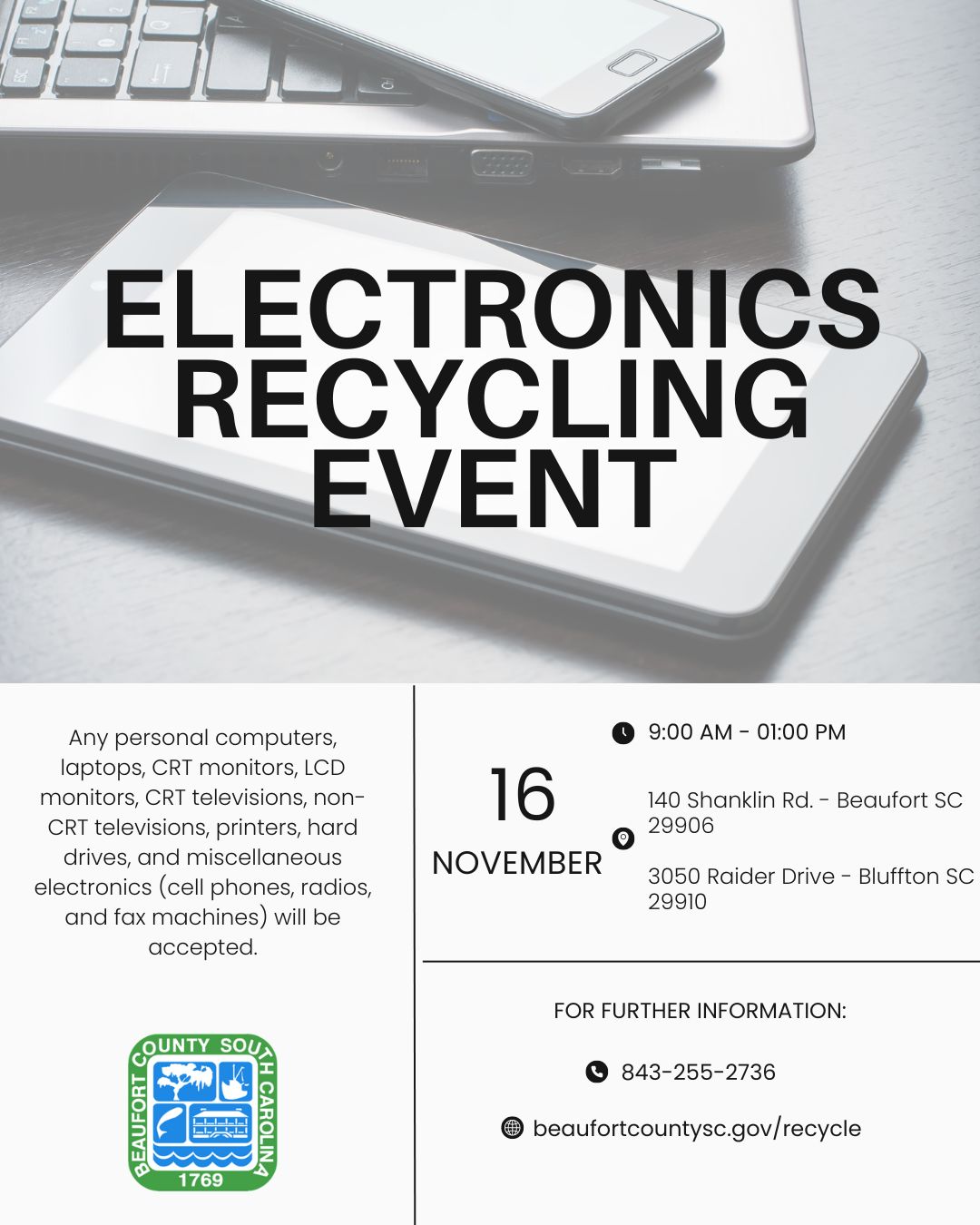 Beaufort County Offers Free Electronics Recycling Event Saturday, November 16