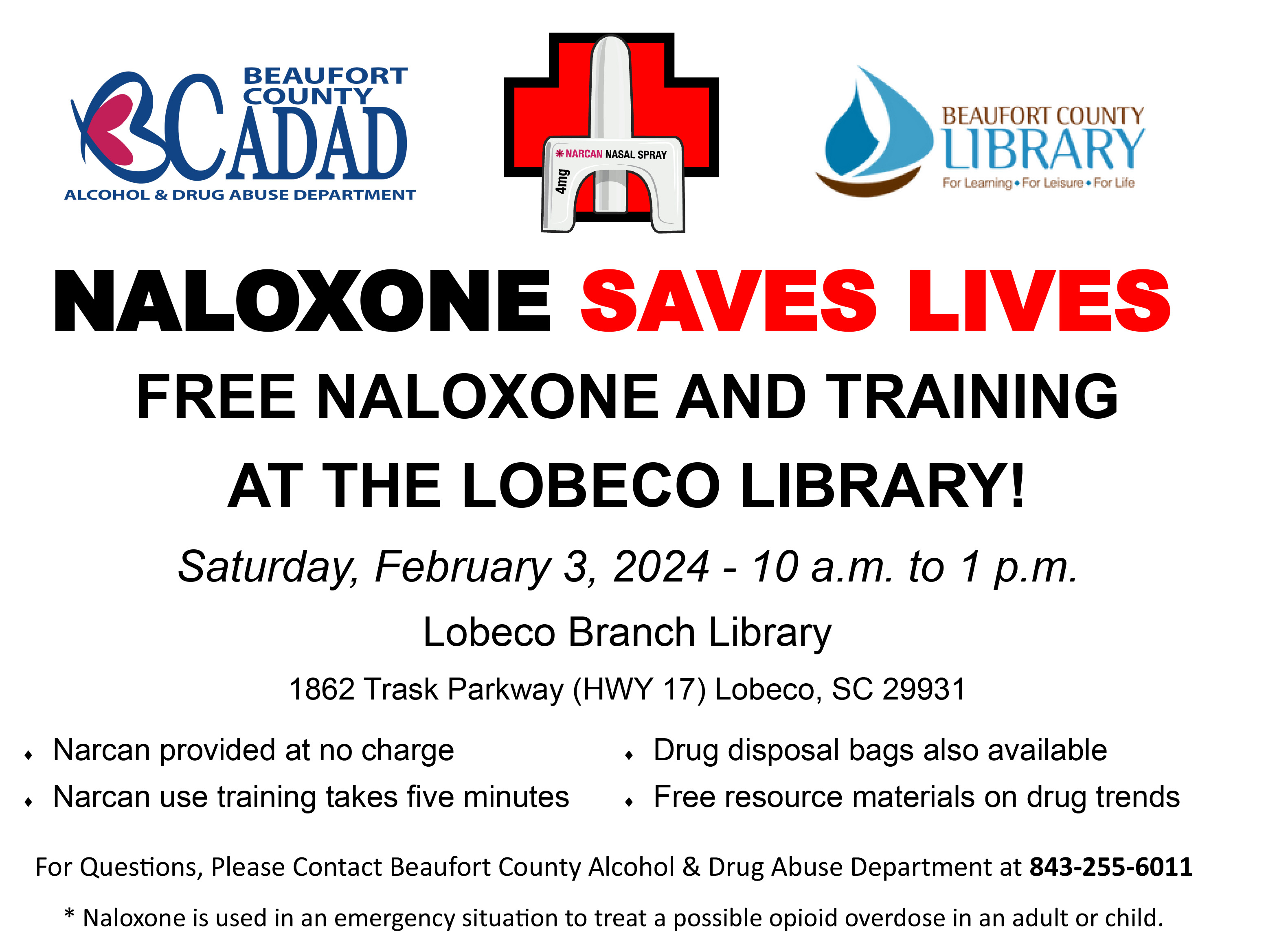 Free Naloxone and Training to be Held at Beaufort County Library Lobeco Branch, Saturday, February 3