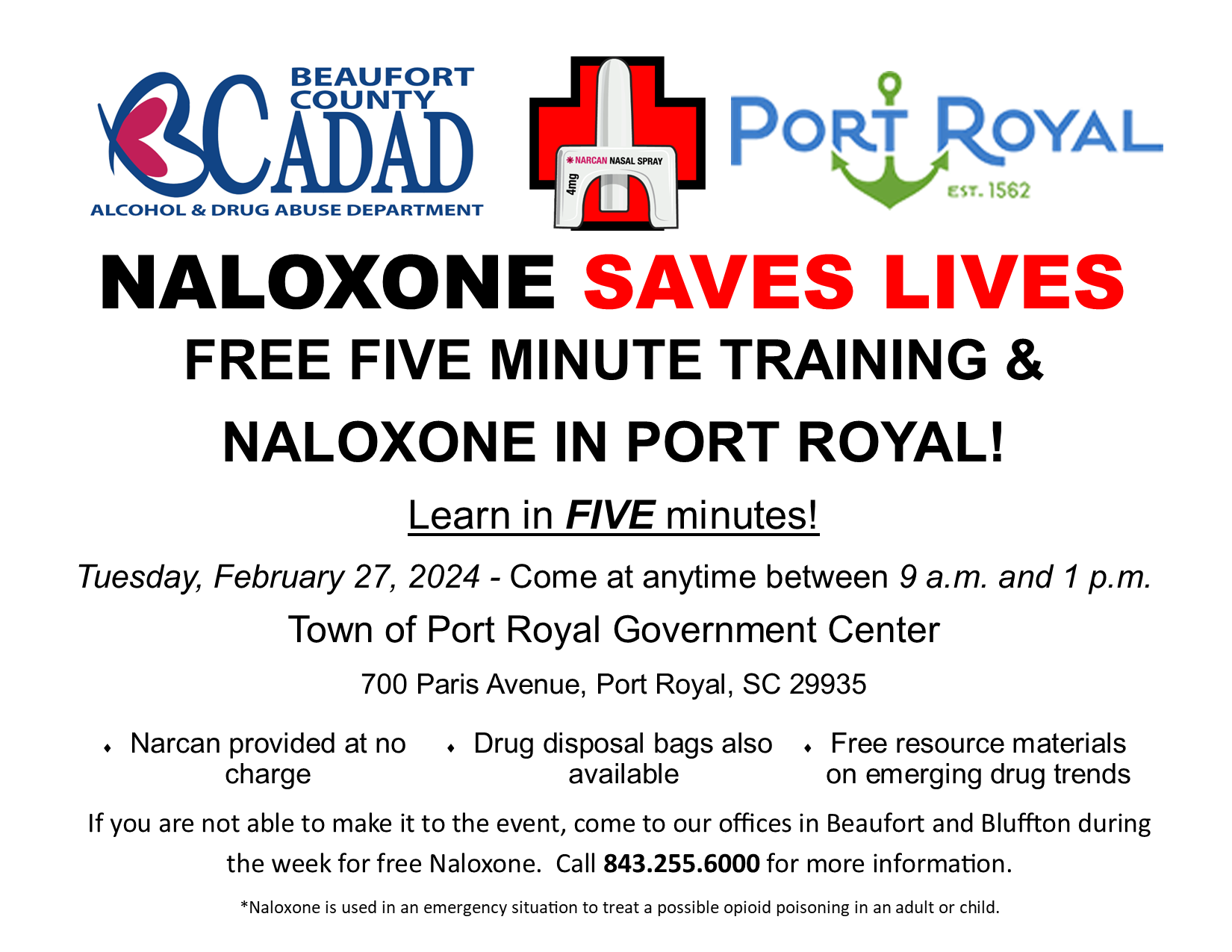 Free Naloxone and Training to be Held at Port Royal Government Center Tuesday, February 27