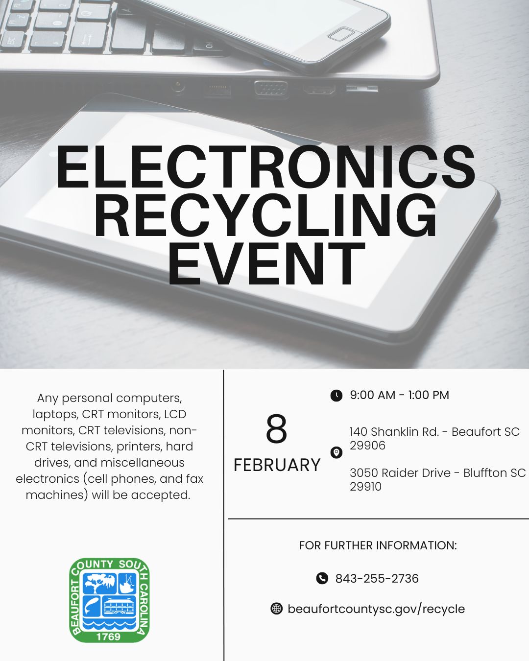 Beaufort County Offers Free Electronics Recycling Event Saturday, February 8
